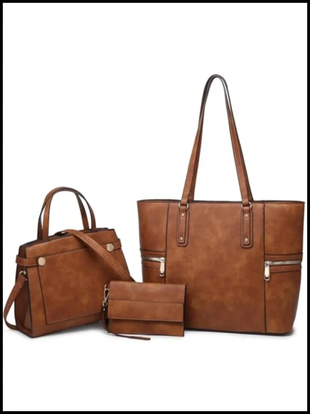 3pcs Vegan Leather Tote Satchel Set Crossbody & Wristlet Wallet